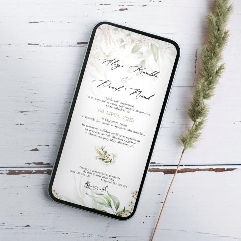 Elektroniczne Zaproszenia ślubne (e-zaproszenia) z motywem białych kwiatów i zielonych listeczków - Green I 